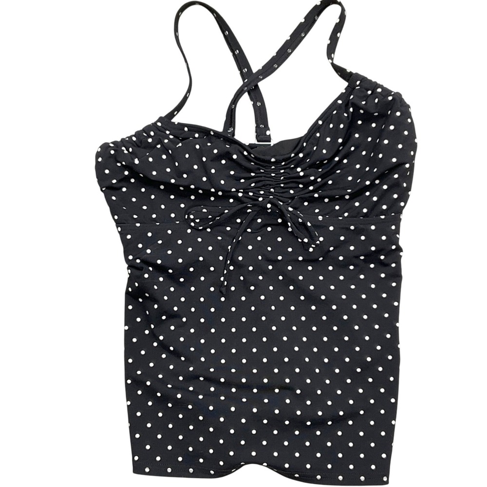 Lands' End Tankini Top Women 8DD Black White‎ Polka Dot Criss Cross Swim Beach